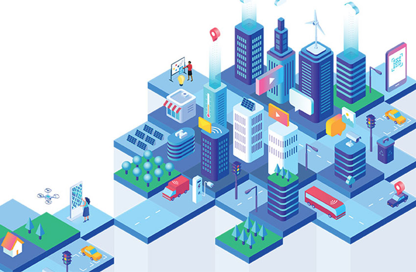 Graphic illustrating a large downtown with different transportation vehicles.