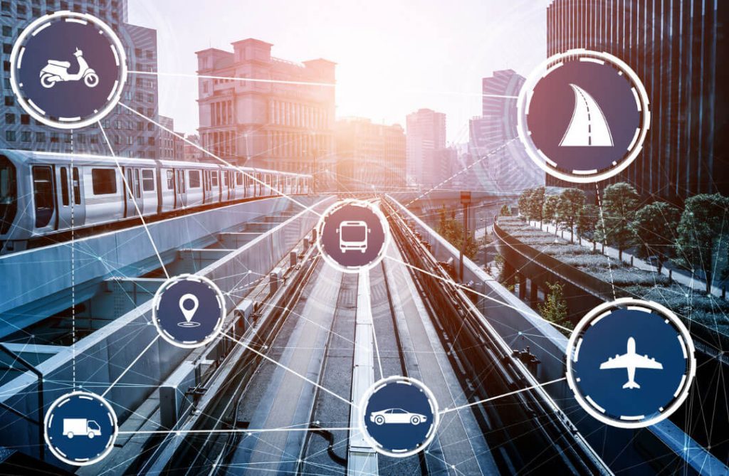 Futuristic roadway with transportation modes superimposed