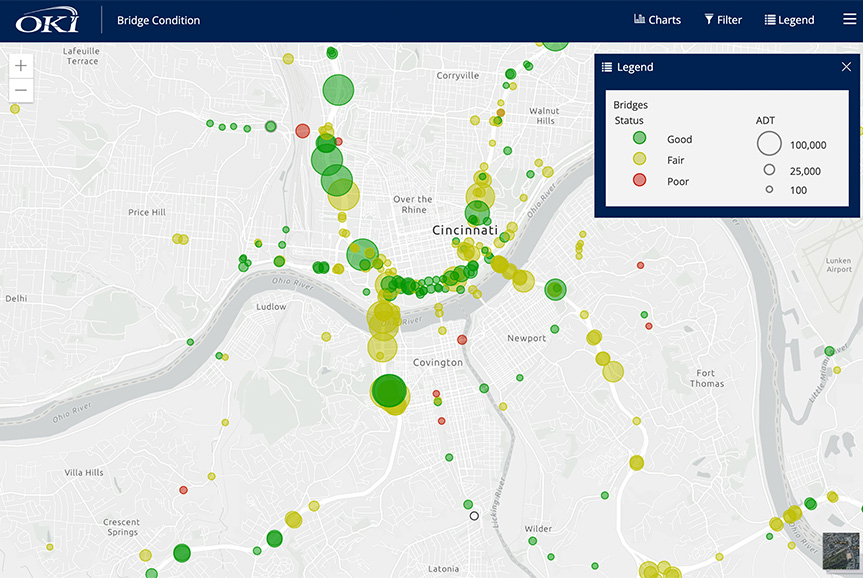 Bridge condition map screenshot showing colored symbols for rating condition and legend.