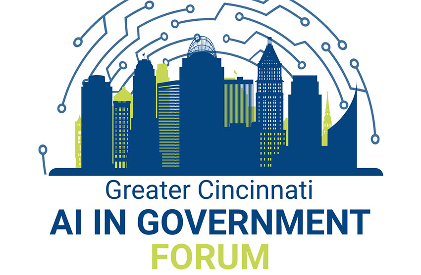 An animated city of Cincinnati skyline silhouette in blue, with futuristic lines behind it. Text that says Greater Cincinnati AI In Government Forum