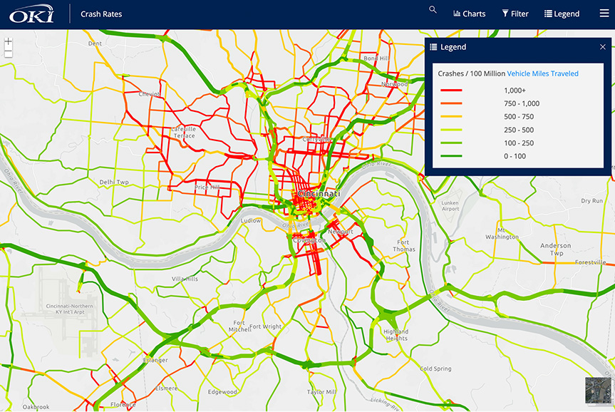 Crash Rates map screenshot showing colored lines for crash rates in OKI region with legend