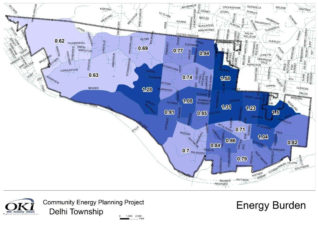 Energy burden scores range from .62 and 1.58 in Delhi Township