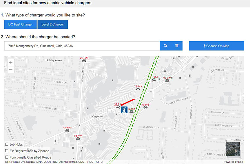 Electric Vehicle Charging Station Site Selection Evaluator screenshot with various symbols and input fields
