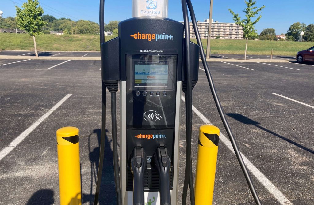 A close up view of an electric vehicle (EV) charging station
