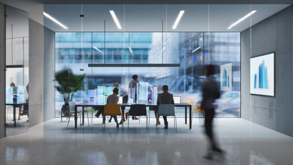 Group sitting at futuristic conference table