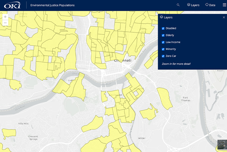Environmental Justice map screenshot showing colored areas and in the OKI region with legend.