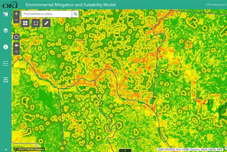 Environmental Mitigation and Suitability Modeler screenshot showing various colored areas representing environmental factors in the OKI region.