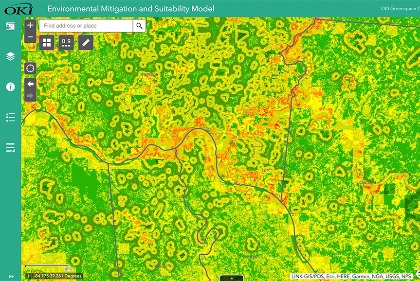 Environmental Mitigation and Suitability Modeler screenshot showing various colored areas representing environmental factors in the OKI region.