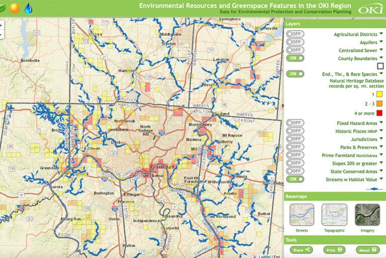 Environmental Resources and Greenspaces Features map screenshot showing various colored areas and symbols in the OKI region with legend.