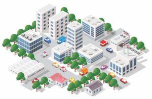 urban and industrial setting with trees