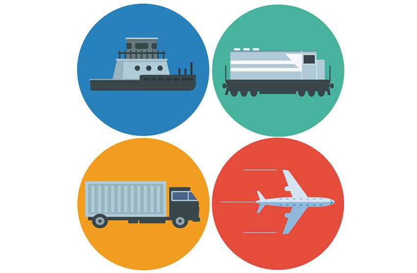 Four colorful circles containing a car, train, boat and plane