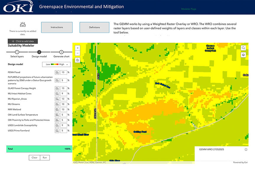 a sample of weighted layers are selected resulting in a map with range of colors depicting low to high sustainability