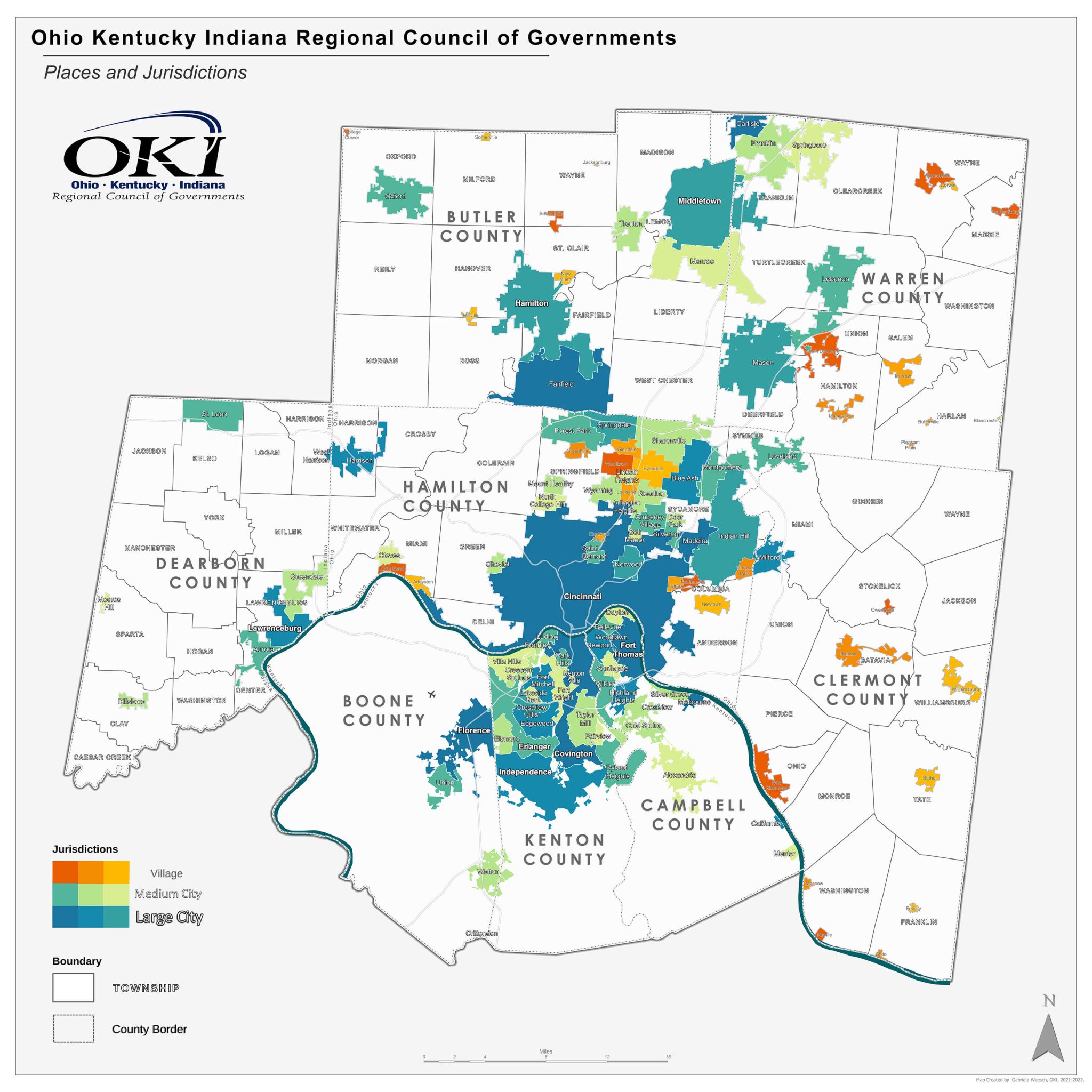 Jurisdictions within the OKI region are shown in each county.