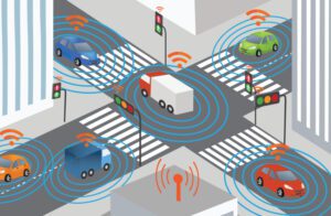 illustrated image of a city street with wifi signals