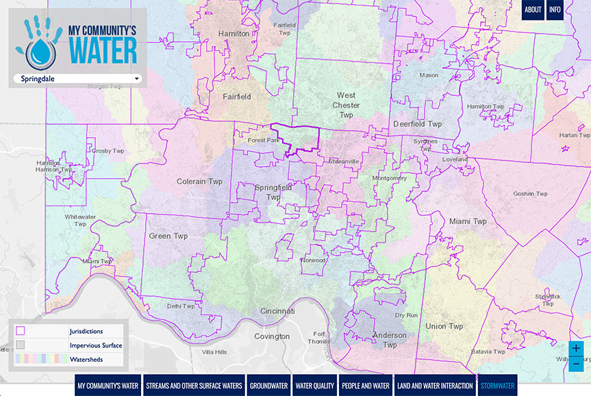 My Community's Water map screenshot showing watershed areas within in OKI region and navigation tabs.