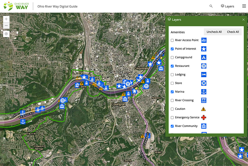 Ohio River Way Digital Guide screenshot showing symbols along Ohio river in OKI region with legend