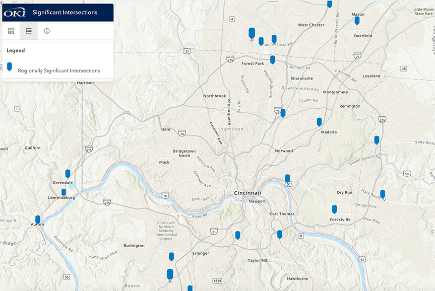 Markers indicate intersections significant across the OKI region. Markers are sparsely scattered across Ohio, Kentucky and Dearborn county in Indiana.