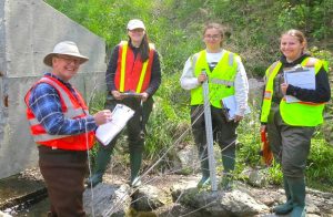 Four people in brightly colored vests