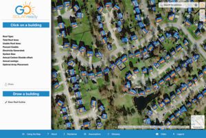 Solar Ready Rooftop Potential tool screenshot showing input fields and aerial view of rooftops in the OKI region.