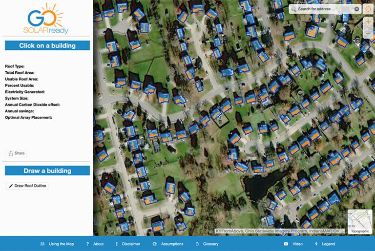 Solar Ready Rooftop Potential tool screenshot showing input fields and aerial view of rooftops in the OKI region.