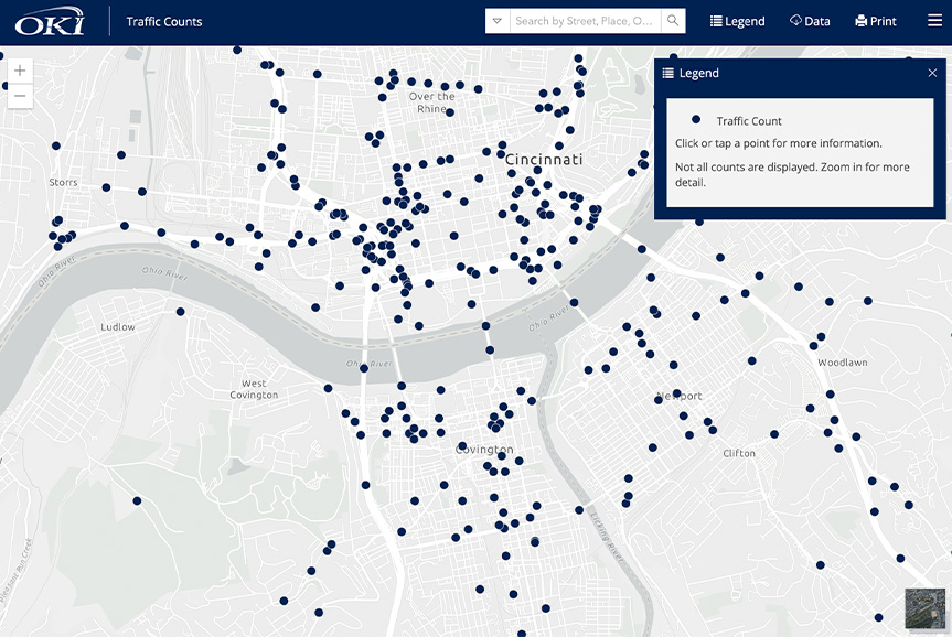 Traffic counts map screenshot with OKI region locations of traffic counts and legend.