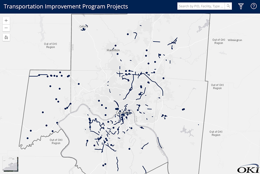 TIP projects screenshot shows by lines and dots on map