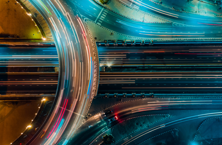 aerial view traffic moving at night time