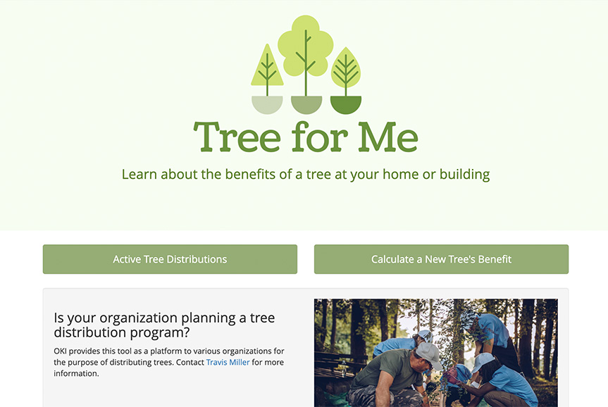 Tree for Me tool screenshot showing logo, buttons and tree planting photo