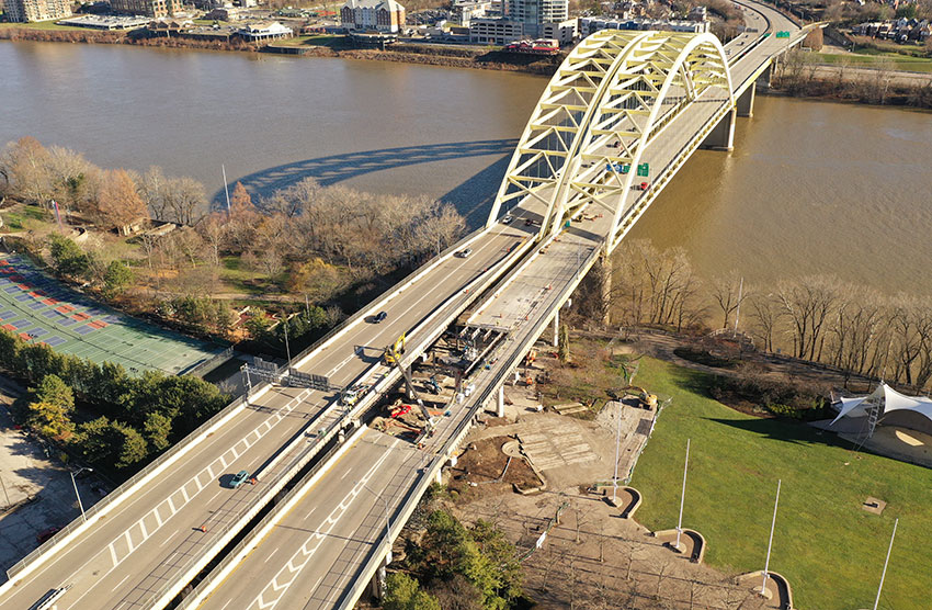 Aerial photo of repair work on Daniel J. Beard Bridge.