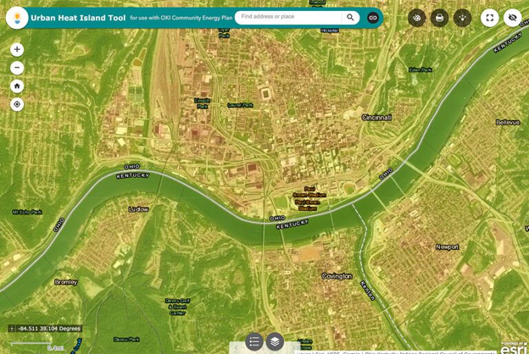 Urban Heat Island tool screenshot with various colored areas representing cooler and warmer temperatures in the OKI region.