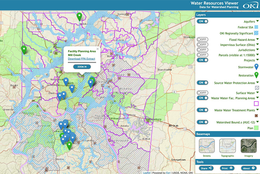Water Resources Viewer screenshot showing colored areas, symbols and tooltips in the OKI region with legend.